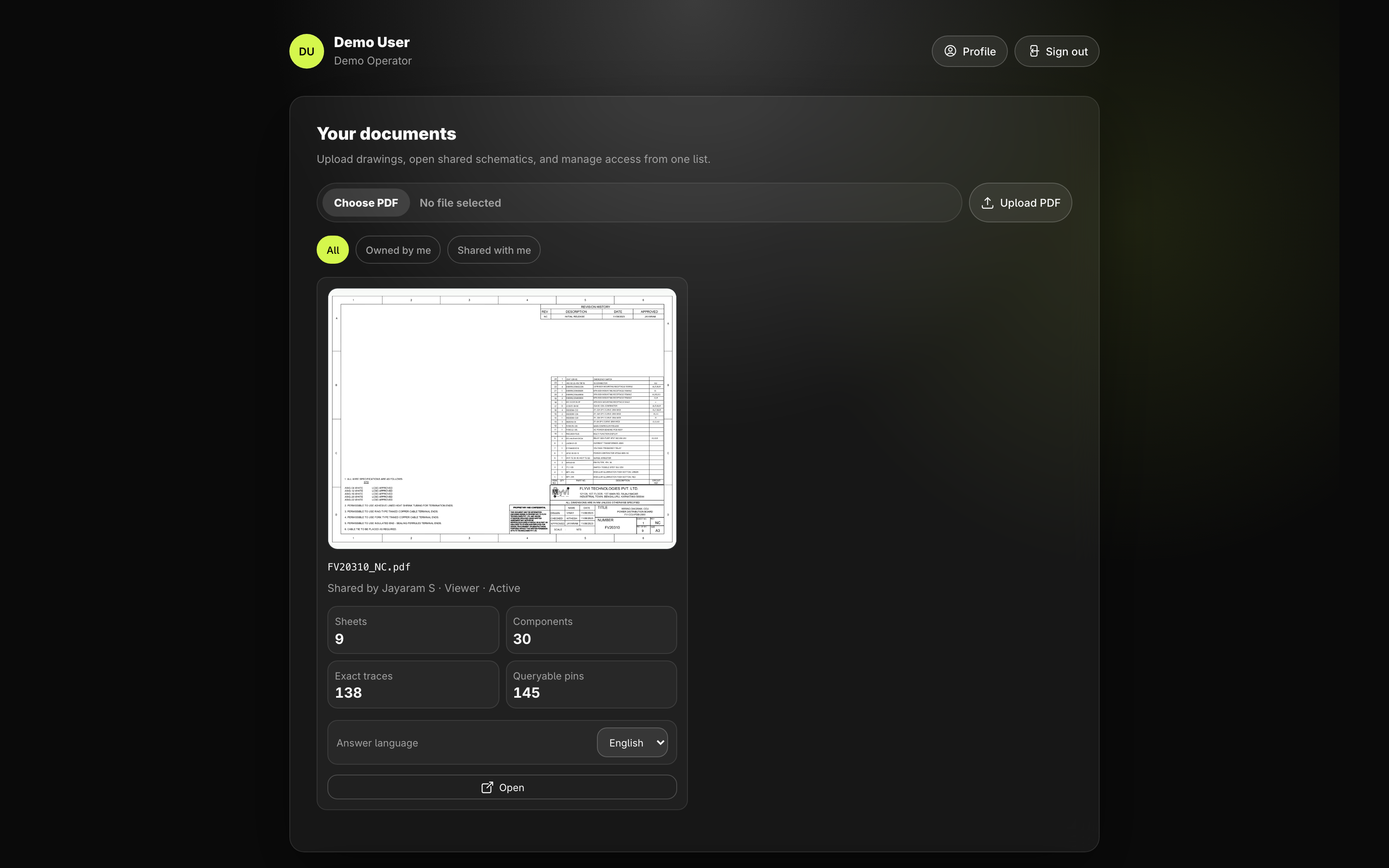 WireVoice home screen listing a shared drawing with its sheet, component, trace and pin counts, an upload control, and an answer language picker