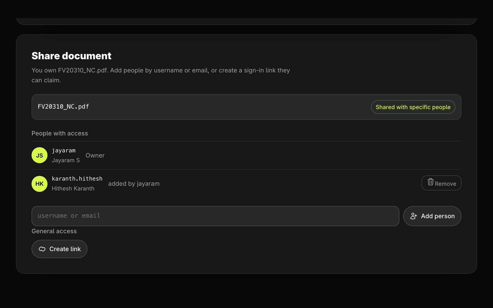 WireVoice share panel showing the owner, a granted technician, and controls to add a person or create a sign-in link