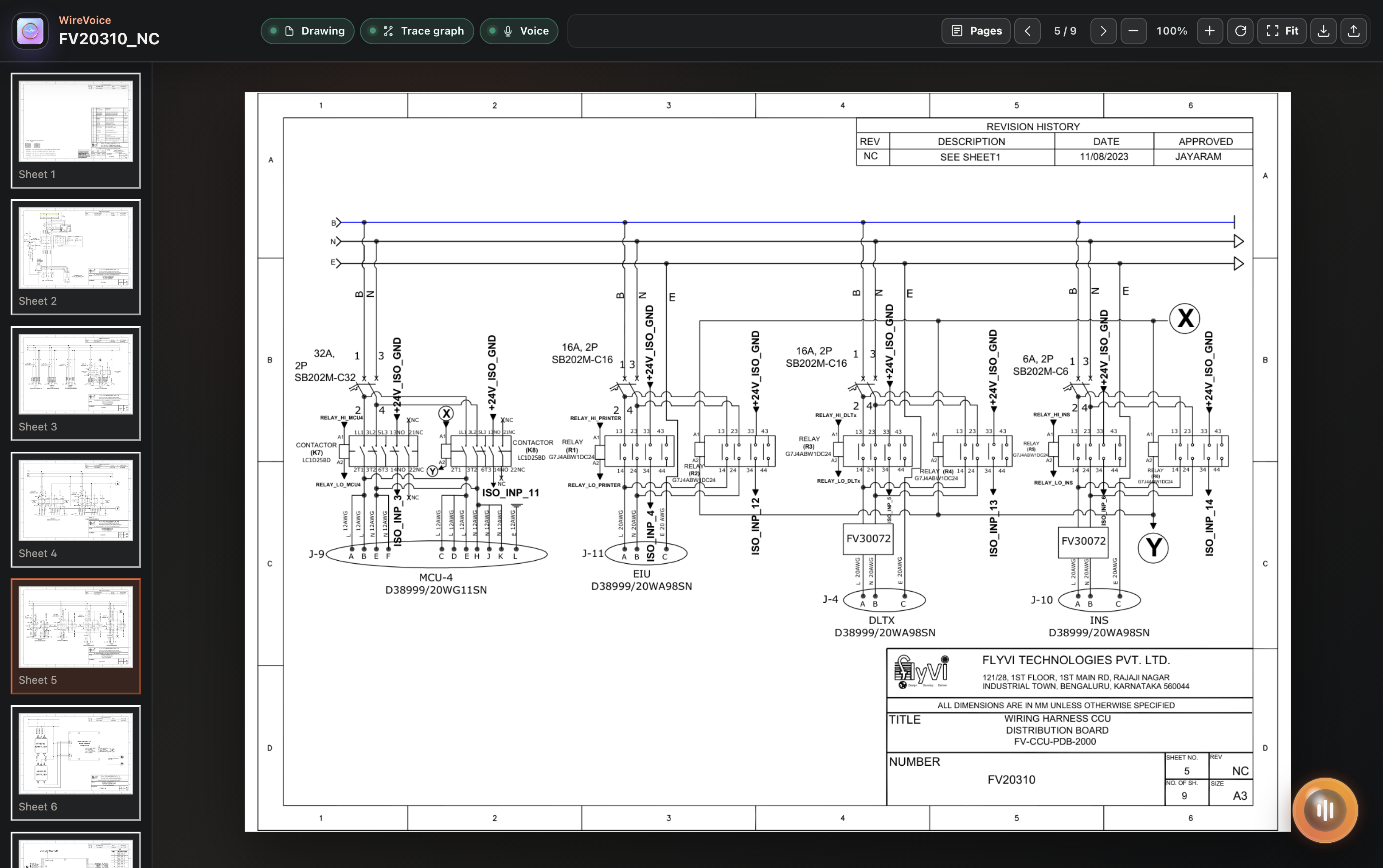 WireVoice PDF viewer with rendered schematic pages and trace controls